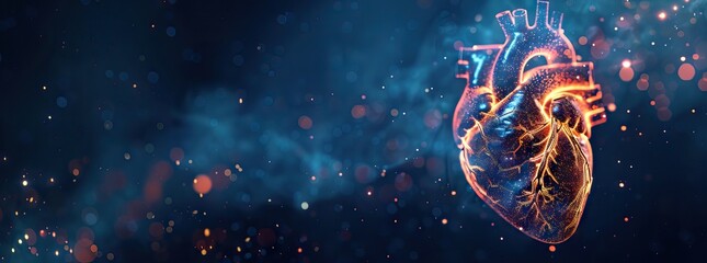 Futuristic holographic heart concept in glowing low polygonal style isolated on dark background. AI generated illustration