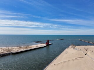 High overhead view of Big Red lighthouse on Lake Michigan pier in Holland Michigan