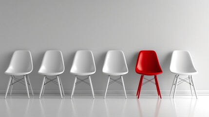 Singular red chair stands out amongst white counterparts in line