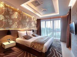 Modern hotel room interior with a bed, television and lamps on the wall, floor-to-ceiling windows, a white ceiling, and light brown wallpaper on the wall with a patterned decoration