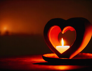 Candlestick in the shape of heart and lit candle in it on very dark background, copy space on left side