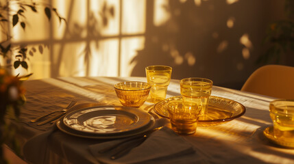 Beautiful table setting with glassware in shades of yellow.