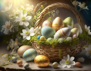 Obraz premium A charming easter basket filled with ornate eggs among spring blossoms