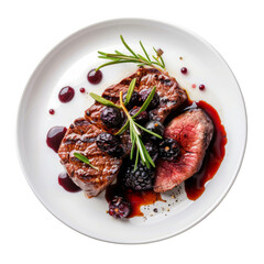 Sizzling grilled moose steak, rich and gamey, with a wild berry reduction, displayed on a white plate.