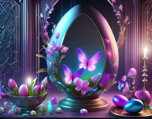 Vibrant digital illustration of a mystical easter egg surrounded by butterflies and candles