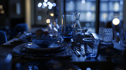 Beautiful table setting with glassware in shades of blue.