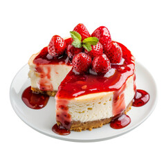 Classic New York cheesecake with a vibrant strawberry sauce topping.