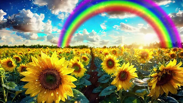 ひまわり畑にかかる虹のループ動画