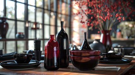 Beautiful table setting with glassware in shades of black and magenta.