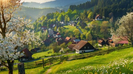 Scenic panoramic landscape of a picturesque green mountain valley in spring. Historic village with blossoming trees and traditional houses. Germany, Black Forest. Colourful travel background.