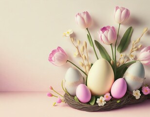 Pastel easter eggs and fresh tulips arranged in a festive springtime display