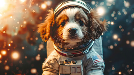 dog Astronaut wearing helmet in  space exploration, gateway to another universe.space, cosmonaut and galaxy for poster, banner or background , future, science fiction and astronomy