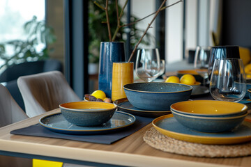 Beautiful table setting with glassware in shades of blue and yellow.