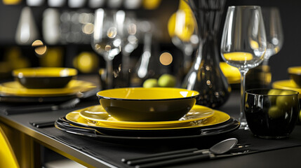 Beautiful table setting with glassware in shades of black and yellow.