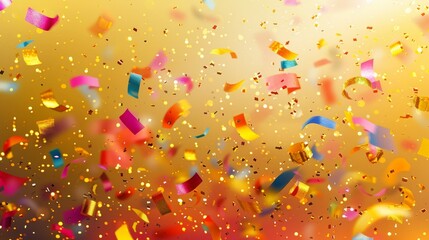 Vibrant confetti in various tints and shades cascades like liquid paint against a shimmering gold background, creating a whimsical pattern reminiscent of a glitterfilled sky - obrazy, fototapety, plakaty