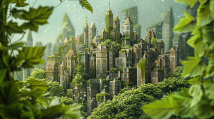 Ecology concept sustainability city landscape made from leaves, eco design background