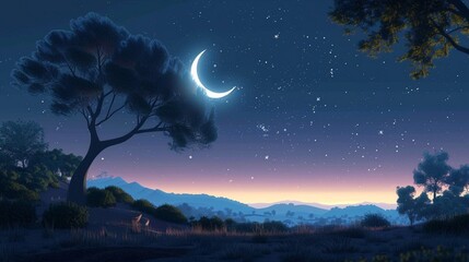 A peaceful Eid Mubarak setting with the moon shining brightly in the clear night sky