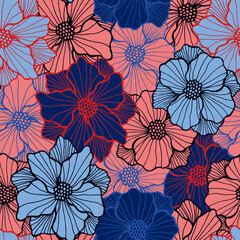 Colorful anemone flower seamless sample. Hand drawn bouquet composition. Anemone