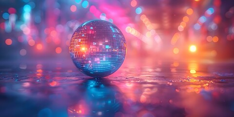 Colorful disco ball reflecting lights in a nightclub setting creating an abstract and vibrant background. Concept Nightclub Lights, Disco Ball, Abstract Background, Vibrant Colors