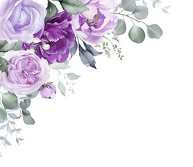 Floral corner border. Violet, lilac, purple watercolor flowers. Roses, peonies, eucalyptus leaves for elegant wedding invitation, greeting cards, fashion design. Hand painted illustration