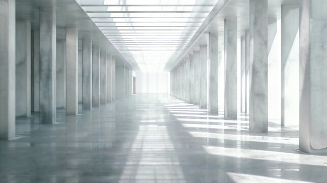 A wide, bright hallway in an office building with marble columns