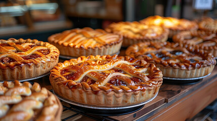different fruit pies on a bakery counter