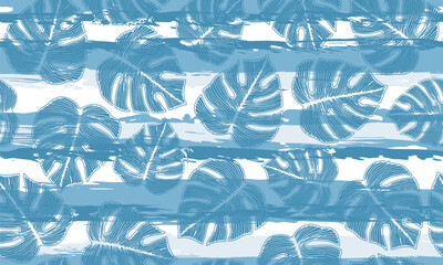 Monstera plant foliage botanical repeat pattern over stripes background. - 773440658