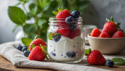 jar of  organic yogurt with strawberries, blueberries and mint in the kitchen