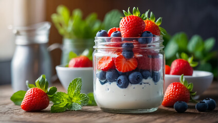 jar of yogurt with strawberries, blueberries and mint in the kitchen breakfast - obrazy, fototapety, plakaty
