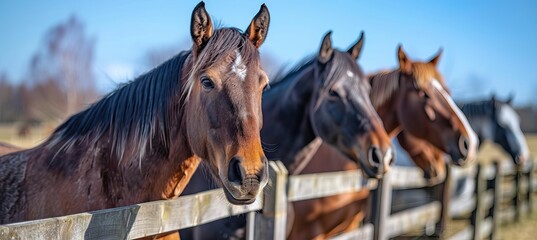 A group of horses in various colors and sizes, all standing close together behind the wooden fence at an horse farm on sunny day. AI generated illustration - obrazy, fototapety, plakaty