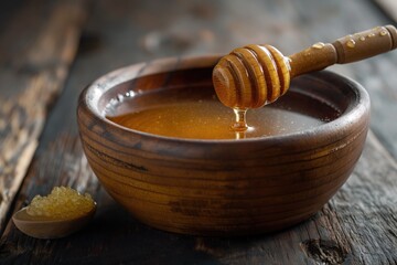 Gourmet honey with honeycomb and dipper on rustic wooden table - obrazy, fototapety, plakaty