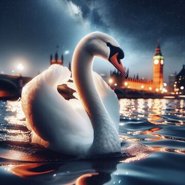 cygne nageant de nuit avec une ville en arrière plan image en couleur, Qualité HD