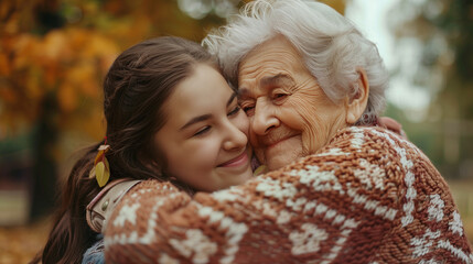 Young girl and great-grandmother embracing in autumn