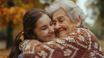 Obraz premium Young girl and great-grandmother embracing in autumn