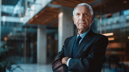 Handsome old age man with business suit looking in the camera. Smart, focused, serious look on blurred business center background. Coworker working. Male Worker. Business People. Confident businessman