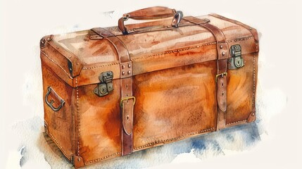 Vintage leather suitcase ready for a travel adventure, watercolor painting