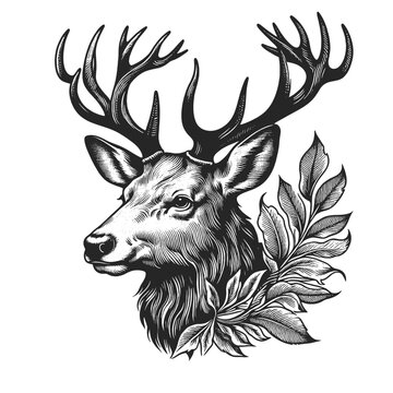 Stag deer with horns Antlers and Foliage sketch engraving generative ai fictional character vector illustration. Scratch board imitation. Black and white image.