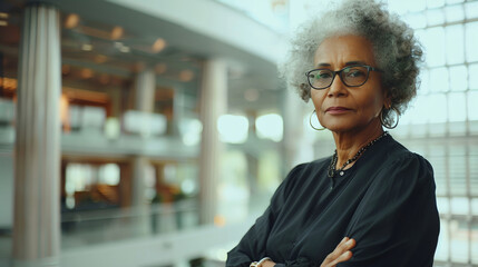 Portrait of an elderly African American dark-skinned successful cheerful business lady, well dressed, in formal attire against the backdrop of a bright modern office space. Small business owner.