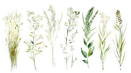 Watercolor set of light green withered grass, hand drawn sketch of dried spring herbs on white background