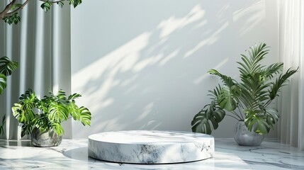 White marble podium display with green plants, 3D render
