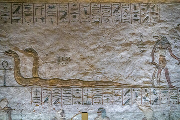 Hieroglyphs and drawings of Egyptian gods, Valley of the Kings, Ancient Egypt