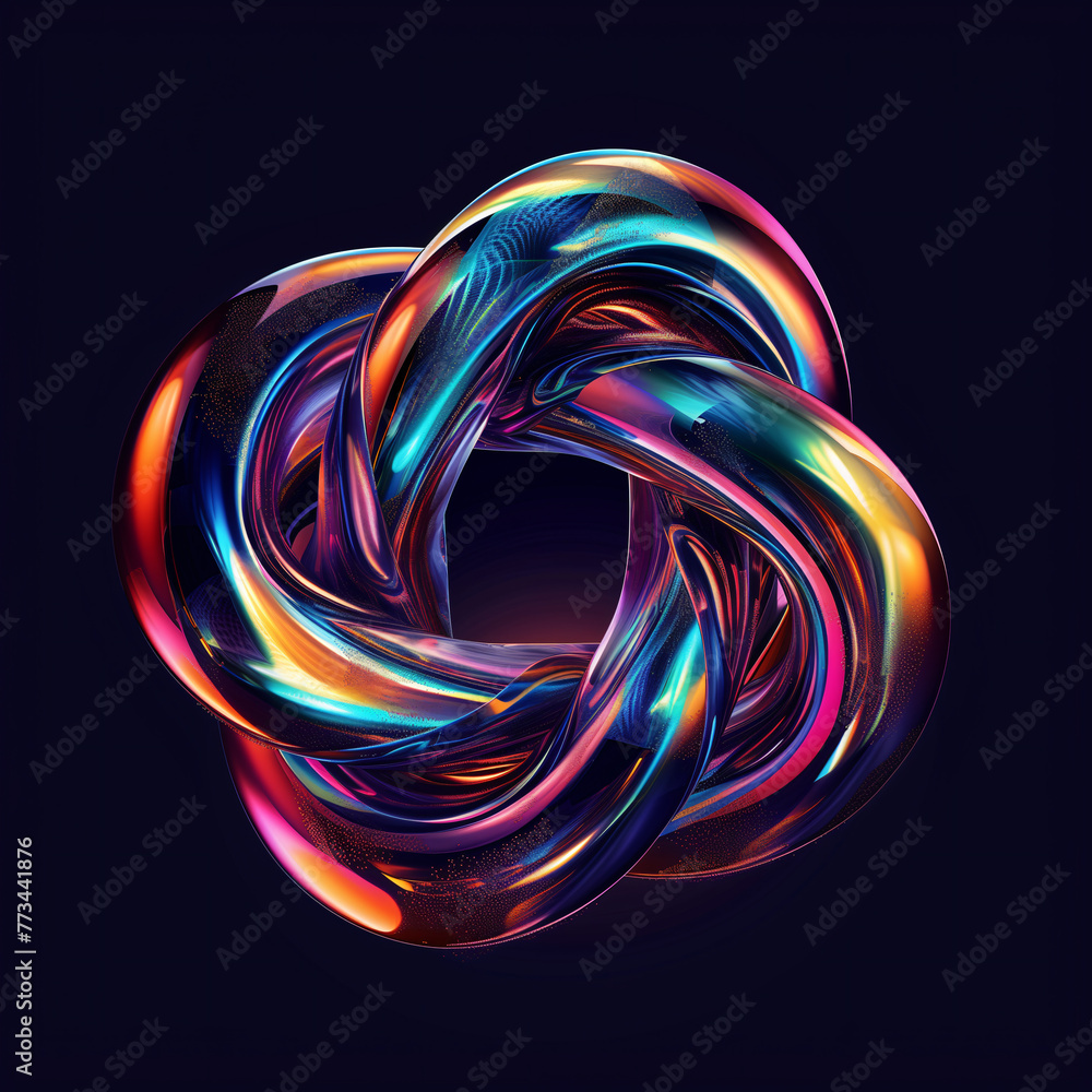 Poster 3d render of a fluid metallic knot against a metallic gradient background in neon colors