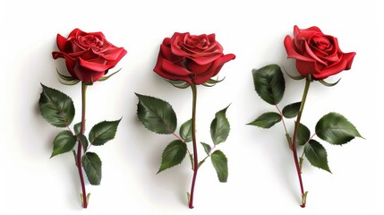 Red Rose Flowers Isolated on White Background, Romantic Love Symbol, Digital Illustration Set