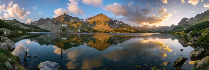 Mountains Summer. Tatra National Park in Poland: Lake at Dawn under the European Sky - obrazy, fototapety, plakaty