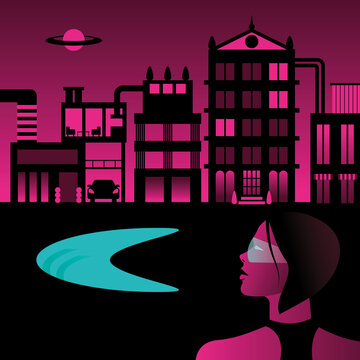 A person contemplating a swimming pool lit up at night with a cityscape in the background