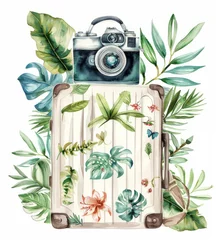 Fotobehang A painting depicting a suitcase with a camera placed on top of it © pham