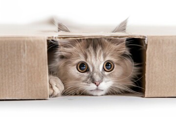 Animal Hiding. Funny Cat Peeking Out of White Box on Isolated Background - obrazy, fototapety, plakaty