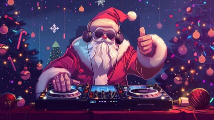 Santa Claus as DJ at lively Christmas party, festive holiday celebration concept illustration