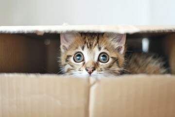 Animal Hiding. Cute Cat Peeking Out of a Box on White Background - obrazy, fototapety, plakaty