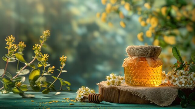 Photo of a jur of honey with yellow flowers
